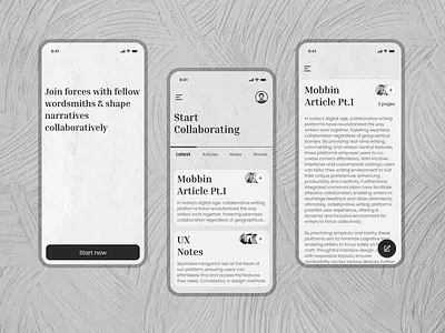 Collaborative Writing Mobile Application app design article app collaboration writing collaborative writing group writing light theme minimal mobile app design mobile ui modern team collaboration ui ux ux design write write together writing app design writing application