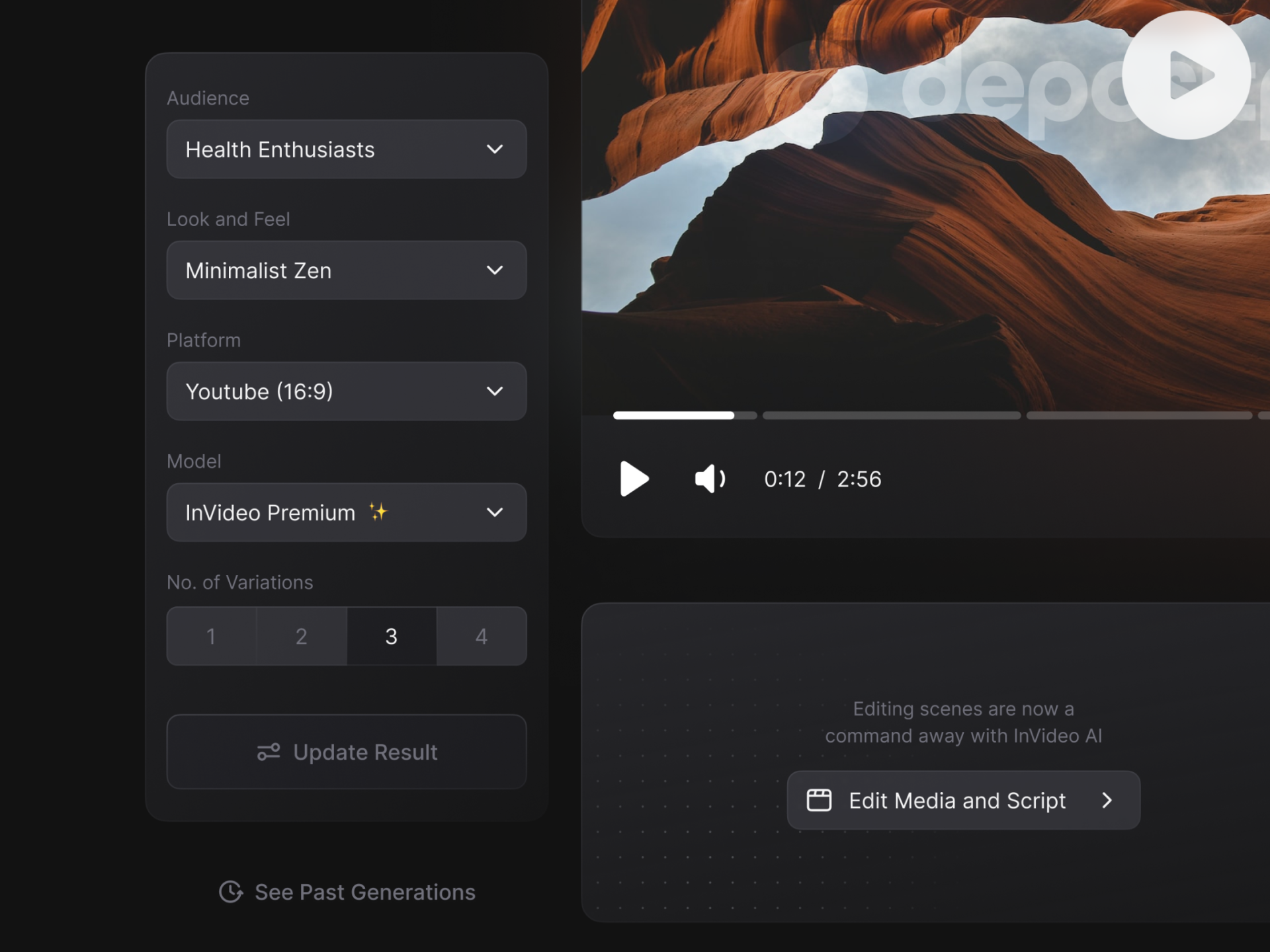 Text-to-Video Concept Work ai concept craft dashboard details film generative ai interface invideo mockup presentations product scenes stats text to video ui video video editing