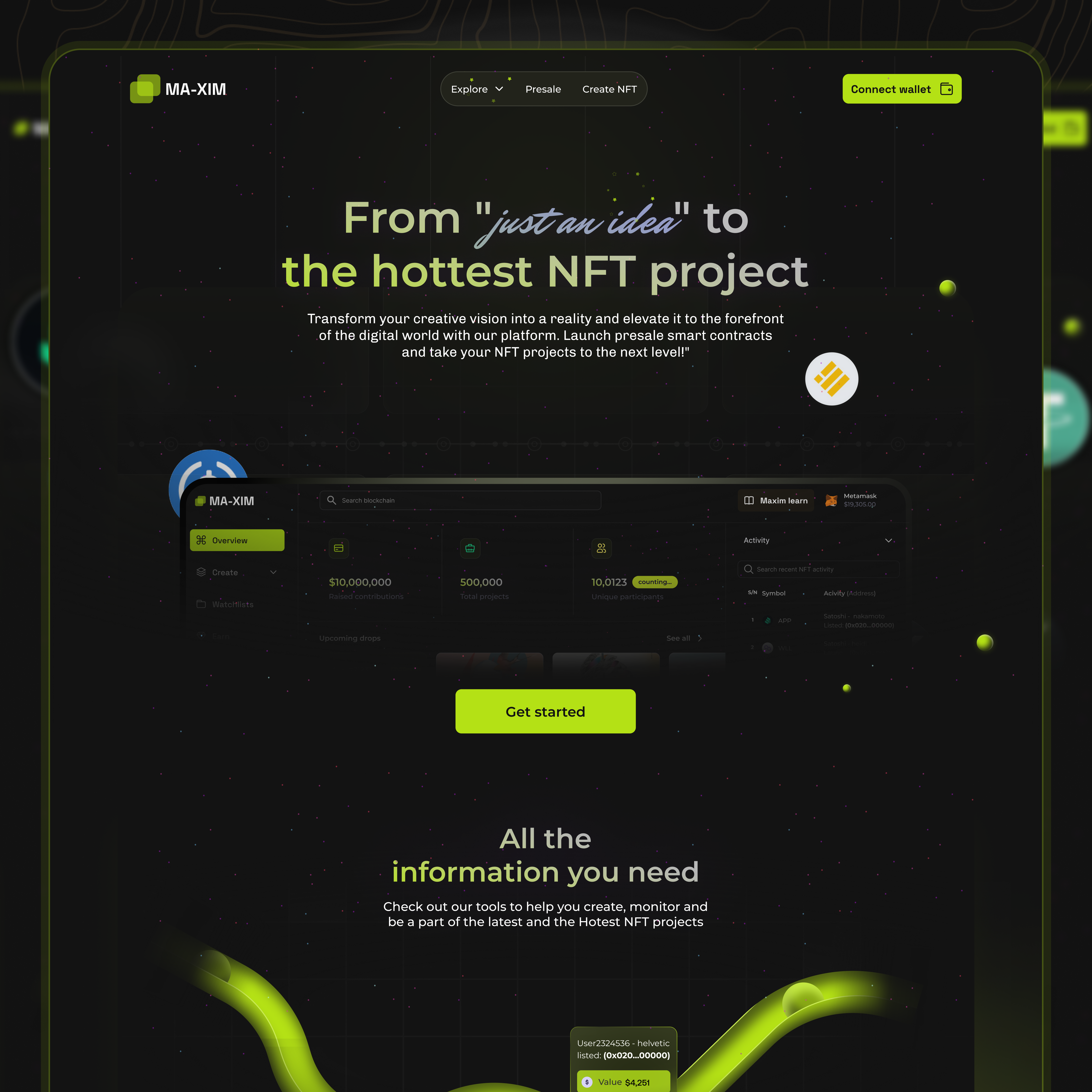 Maxim - An NFT presale platform dark mode illustration landing page nft ui ux web3
