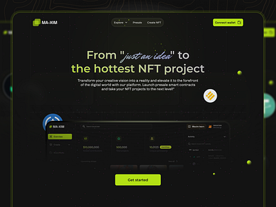 Maxim - An NFT presale platform dark mode illustration landing page nft ui ux web3