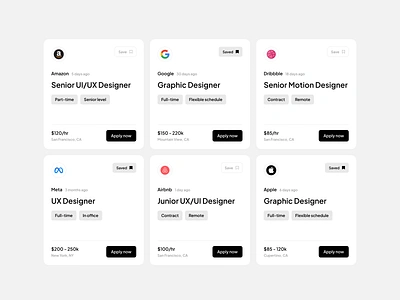 Job Board Cards (UI Components) card card ui cards design hiring job application job finder job listing job portfal platform portal product design recruitment saas startup ui ux web website