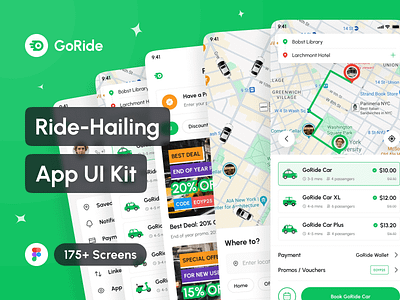 GoRide - Ride-Hailing App UI Kit app app design application car booking car rental design design system figma interface mobile portfolio ride hailing ride sharing rideshare taxi booking template ui ui design ui kit uiux