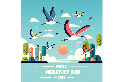 World Migratory Bird Day Vector Illustration animal beautiful beauty bird celebration conservation day event fall fly flying flyway geographic migration migratory sky spring sunset weekend winter