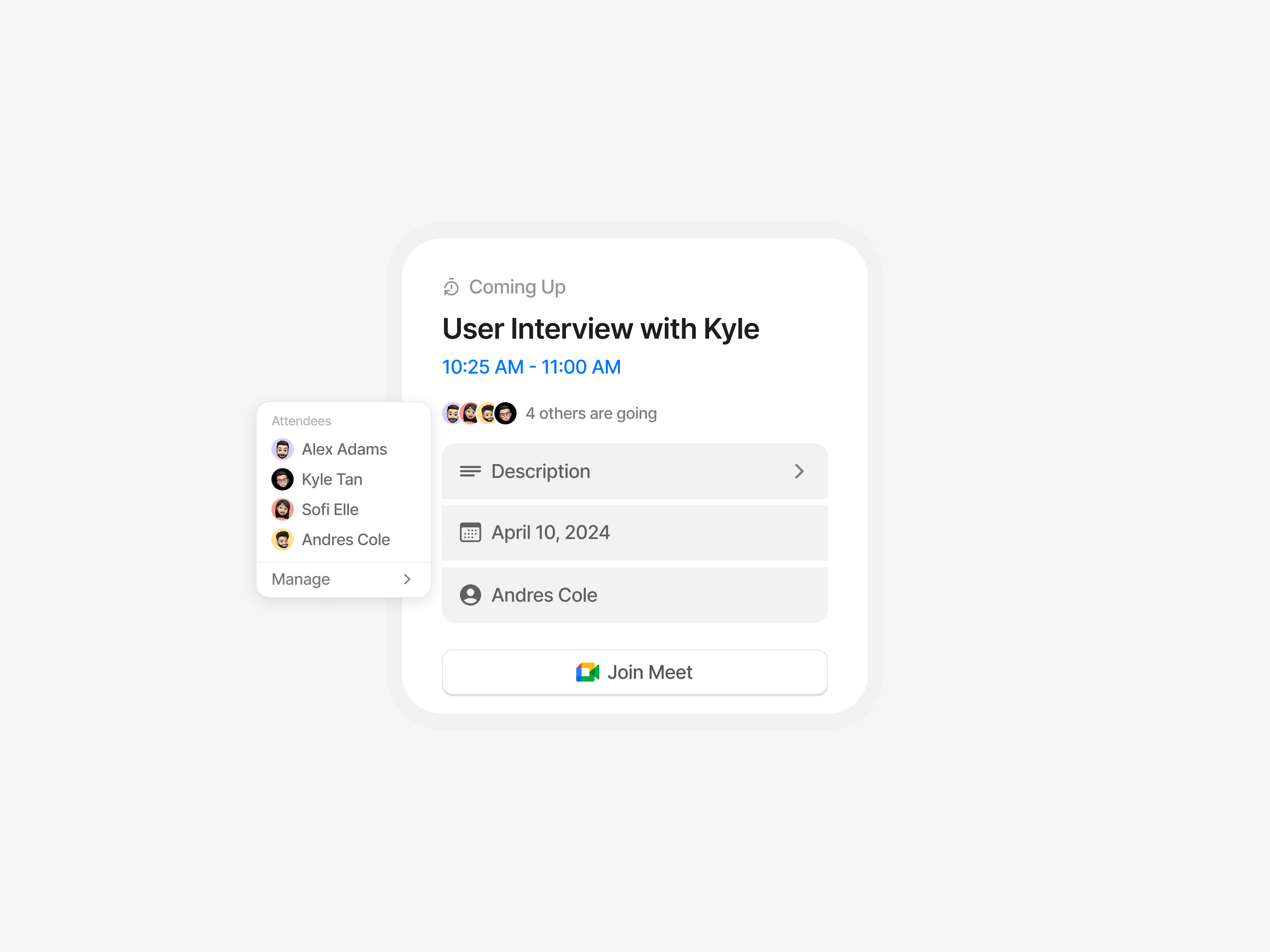Meet Modal app bar calendar component design design system figma interview landing page light list meeting minimalist modal popover schedule ui ui design ui kit widget