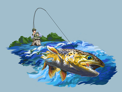 Trout Water brown trout fish fishing fly fishing illustration tee shirt trout wading