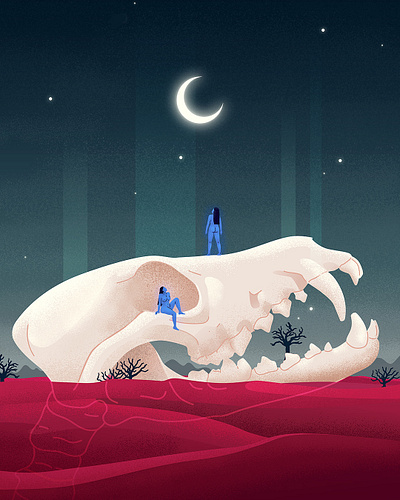 Silent Howl blue character desert flat illustration light moon mysterious night skull vector wolf woman