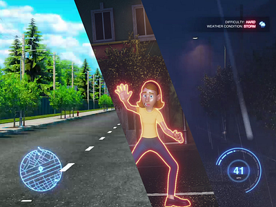 Pedestrian Safety 360 3d after effects animation c4d car cgi character animation cinema 4d crosswalk day driving fog night public safety rain ui vfx