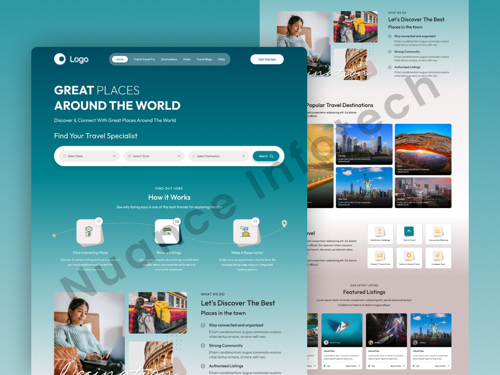 Travel Website Pages UI – Destinations, Packages & Specialists booking destinations figma landing page minimal product design responsive travel ui design ux design web design website design