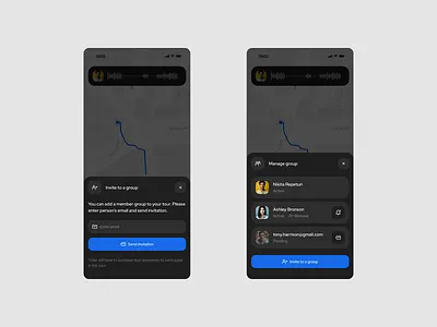 Stapsteg. Group creation dark theme groups invite minimal mobile app product design simple ui ux