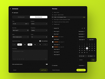 Scheduling events application forms calendar date design event events form layout preview product design recurring event reschedule schedule schedules scheduling time ui ux web website