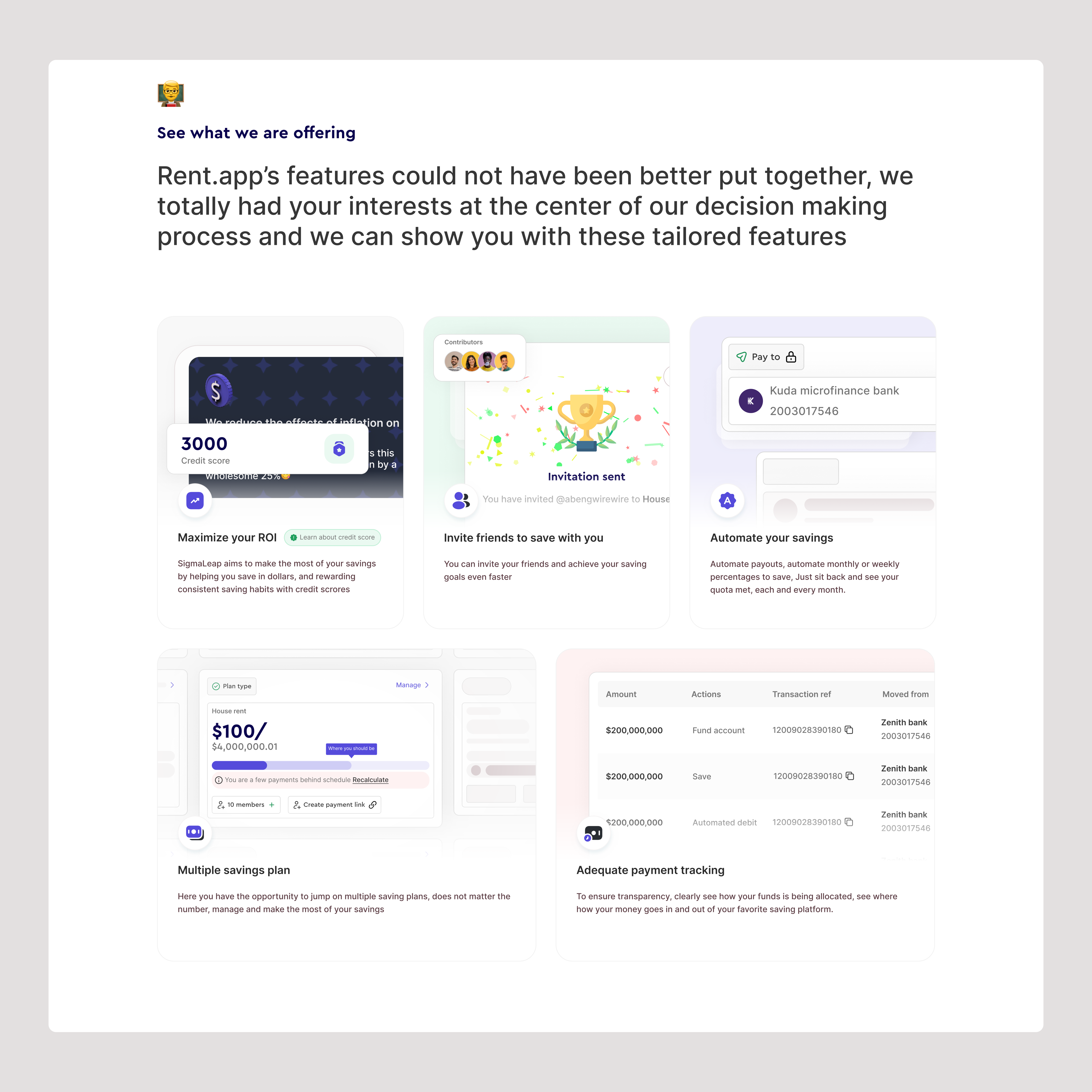 Features section for Rent.app bento cards features finance application landing page light mode web