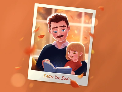 🍂I Miss You, Dad👨‍👧 2d autumn book brush character daughter design digitalpainting disney father girl illustration leaves man memories portrait procreate reading window