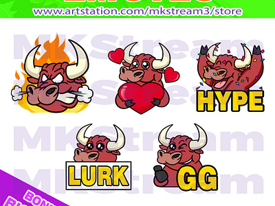 Twitch emotes bull lurk, hype, gg, love & rage pack animated emotes anime bull bull emote bull emotes cow cute design emote emotes gg hype illustration logo love lurk rage sub badge twitch emotes