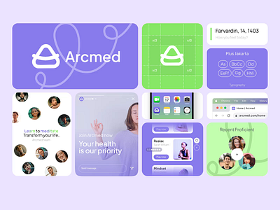 Meditation Logo Branding - Arcmed ✨ arcmed brand branding clean component design graphic design green logo meditation mockup modern purple
