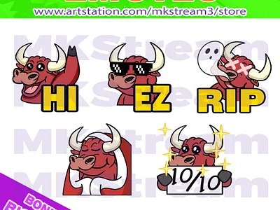 Twitch emotes bull hi, ez, rip, comfy & perfect pack animated emotes anime bull bull emotes comfy cow cute design emote emotes ez hi illustration logo perfect red bull rip sub badge twitch emotes