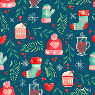 Cosy Christmas christmas cosy design drawing challenge female illustrator hand drawn hygge illustration procreate seamless pattern winter wrapping paper