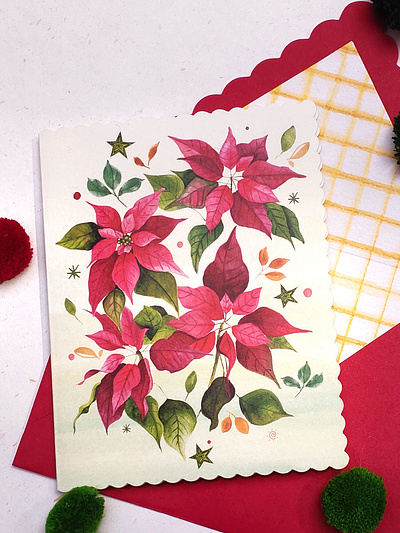 Poinsettia Christmas wishes illustration painting watercolor