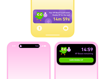 Duolingo XP Boost - Live Activity & Dynamic Island apple pro bird mascot countdown duolingo double xp boost dynamic island gamified education home screen ios ipad iphone language learning live activity lock screen mobile app notification product design timer ui unhinged green owl ux