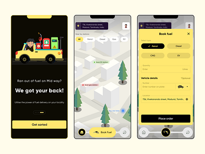 Fuel Booking Mobile App 3d map backup buttons choose it dark theme ev filter form fuel booking app fuelgas station home page illustration input field location mobile app nav bar onboarding order profile ui