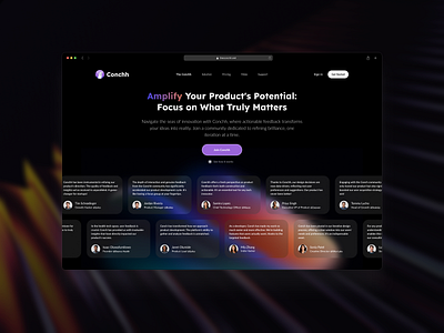 Conchh: The Feedback SaaS Landing Page Design app branding clean dark design flat illustration landing landing page minimal modern product project saas startup ui ux web webdesign