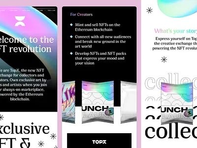TopX: NFT marketplace UI design 3d art branding creator platform creators decentralized defi exchange graphic design homepage influencer landing page logo motion graphics nft nft pack trade trading ui web3