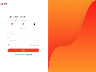 Cane Registration account branding cane cloud design forgot password funky gradient illustration login logo orange registration sign in sign up social sign ins ui ux