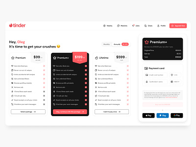 Pricing concept for Tinder app badoo card dashboard dating payment pricing product saas tinder ui