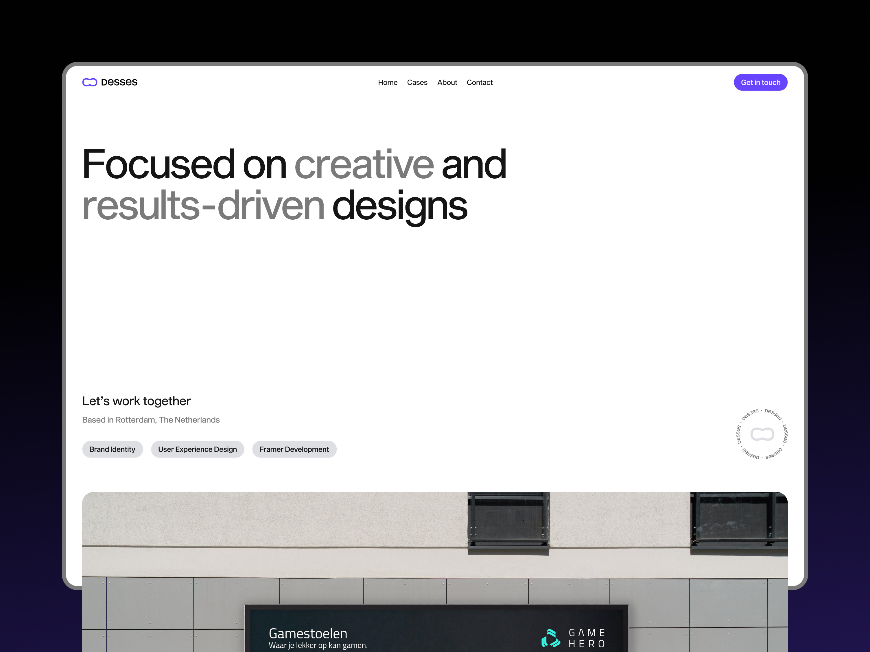 Framer Portfolio Website brandidentity branding desses framer no code no code development ui user experience design user interface design ux website design