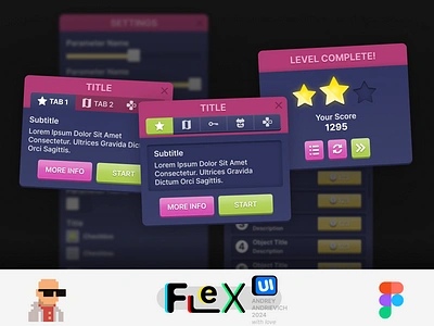 Mobile and web game interface. Cyberpunk Kid. UI Kit. FlexUI v2. cyber cyberpunk figma flexui game gui hud interface mobile mobile game pink ui ui kit uikit user interface ux web web game