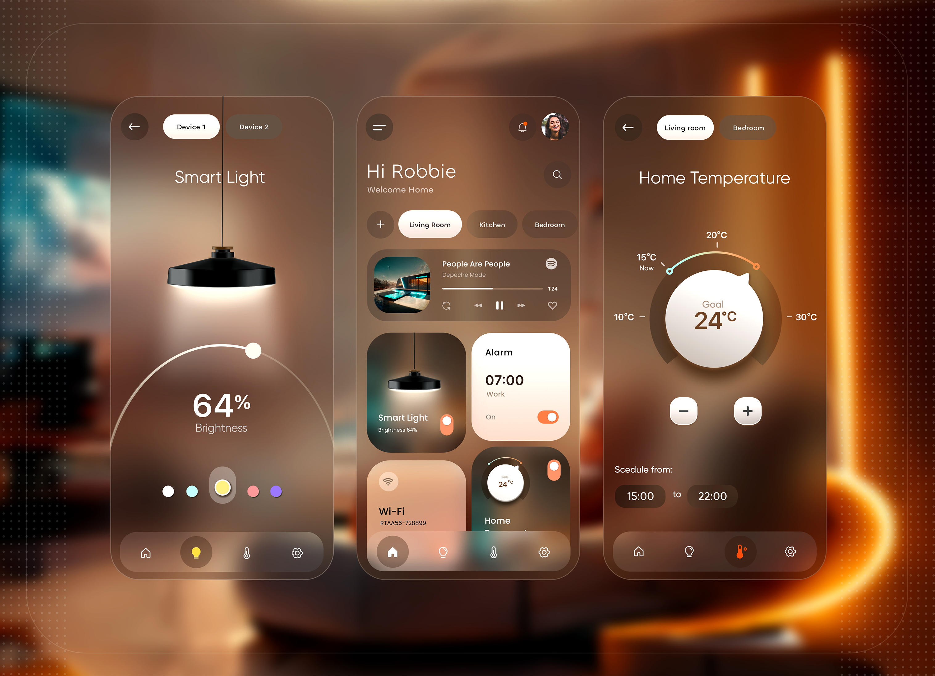 Smart Home App animation app glassmorphism home temperature indicator ios light control logo logo animation mobile music player sketch skeumorphic smart home