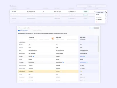 Merge Data / Merge Contacts | Data Deduplication customers data data dedublication merge contacts merge profiles merging merging fields product design ui user profiles ux visual