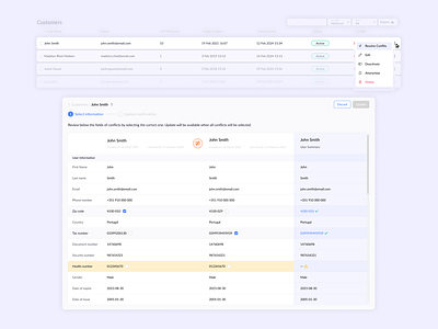 Merge Data / Merge Contacts | Data Deduplication customers data data dedublication merge contacts merge profiles merging merging fields product design ui user profiles ux visual