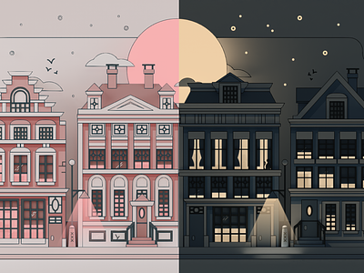 Street (3D Illustration) 3d afternoon bench birds buildings cat clouds day evening exterior house illustration midnight moon night outside scene stars street sun