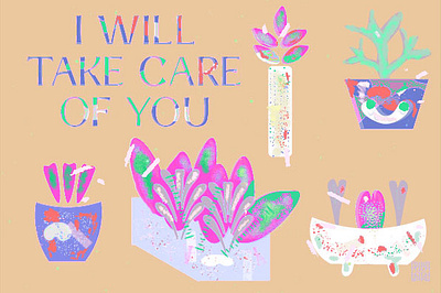 Illustration design - I will take care of you. aesthetic brandingdesign brush card design care color palette drawing ideas gardening illustration illustrator indoorplants pastel pattern photoshop plant platanas postcard design self care slow down