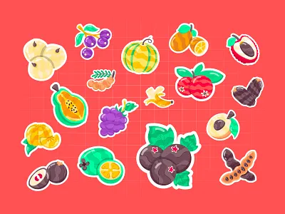 Flat Fruit Stickers artwork banana berries citrus dates dry fruit flat design flat vector fruits mango melon plum sticker sticker art sticker set strawberry summer fruit tropical vector