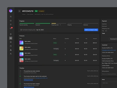 Single order details - eCommerce platform amount customer dark mode dashboard discount ecommerce items order order details order progress order status order timeline payment platform quantity shipping single order subtotal uiux