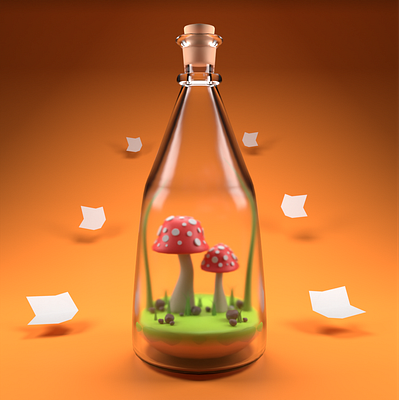 Mushrooms in a glass bottle 3d 3d modeling cute