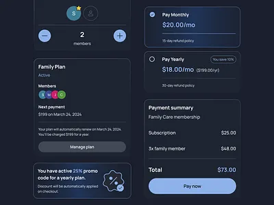 Dark mode components for Family Membership components dark dark mode design design system med tech medical memberhsi[ mobile mode ui ui design