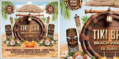 Tiki Bar Flyer bamboo bar beach beach party club drinks flyer hawaii summer summer cocktails summer flyer summer party tiki bar flyer