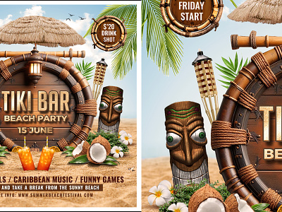 Tiki Bar Flyer bamboo bar beach beach party club drinks flyer hawaii summer summer cocktails summer flyer summer party tiki bar flyer