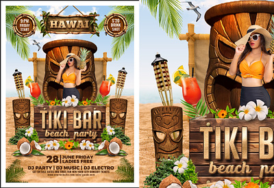 Tiki Bar Party Flyer beach bar beach party cocktails drinks luau party mask summer summer beach summer party tiki bar torch tropical