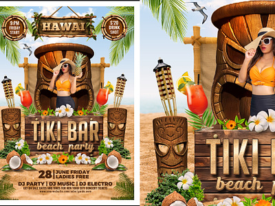 Tiki Bar Party Flyer beach bar beach party cocktails drinks luau party mask summer summer beach summer party tiki bar torch tropical