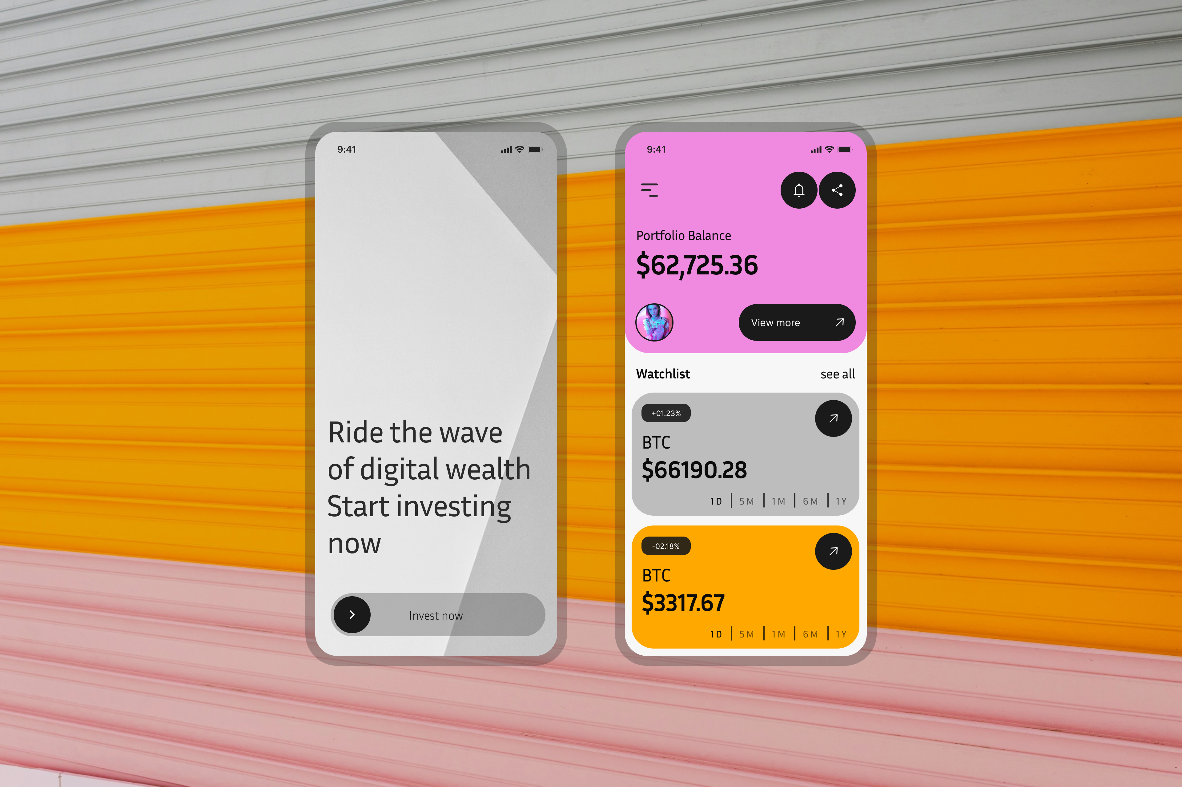 Crypto investment application brutalism crypto crypto application crypto investment invest now investment mobile app design mobile application money money app portfolio ui design ux design vibrant visual design