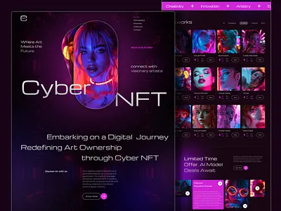 NFT Art - Landing Page Design art artist blue cyberounk design figma graphic design landing page landingpage midjourney mordern design neon nft nft art photoshop purple shopnow uiux web design webdesign