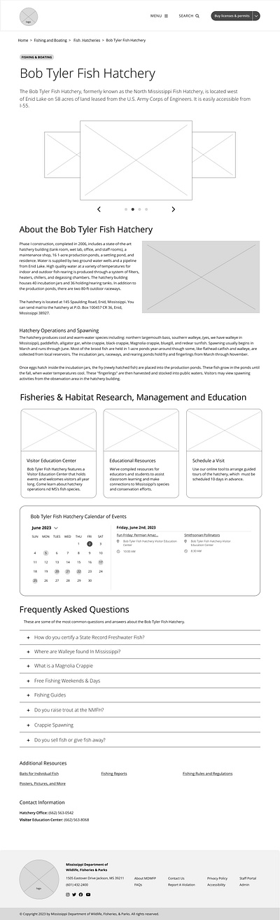 Complex and hardworking informational page accordions calendar cards cms component based design conservation consulting drupal events gallery grid system low fidelity responsive user experience wireframe