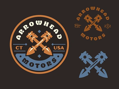 Arrowhead Motors arrow arrowhead automotive badge garage illustration lettering logo logo design mechanic motor motorcycle patch piston print retro signage type design typography vintage