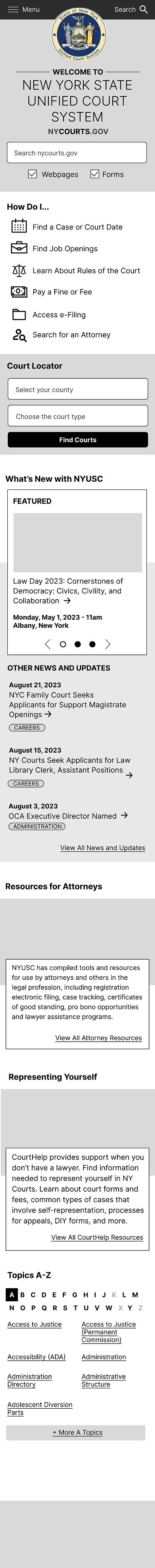 Mobile-first Judicial Department Homepage Wireframe alphabetical cms component based design consulting government judicial judiciary low fidelity research user centered user experience wireframe