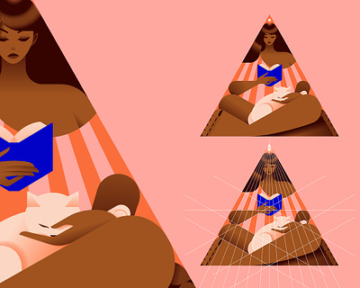 Triangirl 07 book cat character colors construction lines cosy flat geometric grid illustration minimal minimalist reading spring triangle warm woman