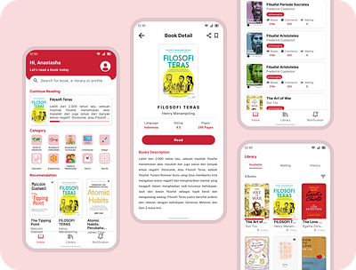 Digital Library UI Design 3d app book books books app branding design digital digital library graphic design icon ilustration interface library read reader red typography ui
