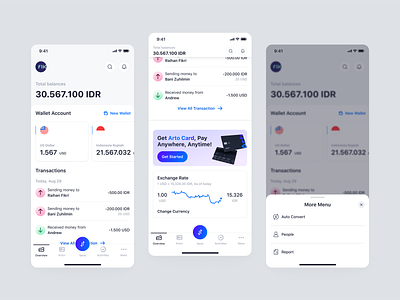 Arto Plus Mobile - Overview and More Menu app balances financial lite mode management mobile version overview saas send money transactions ui ux